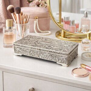 NIB Godinger Silver Plated Oblong Jewelry Box – Floral Engraved – Gift Ready